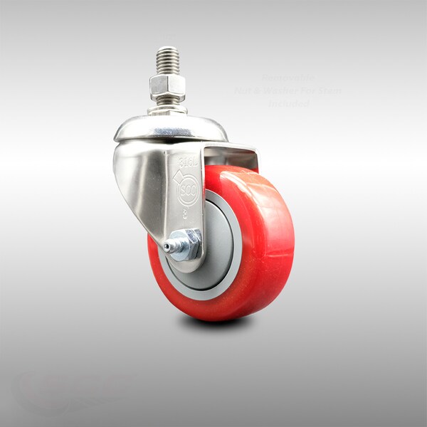 Service Caster 3 Inch 316SS Red Polyurethane Wheel Swivel 1/2 Inch Threaded Stem Caster SCC SCC-SS316TS20S314-PPUB-RED-121315 - main